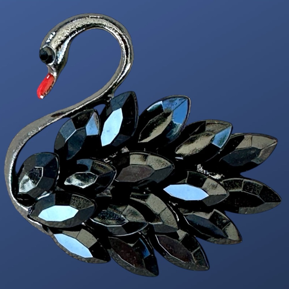 Black swan glass rheinstones brooch pin silver tone alloy NWOT